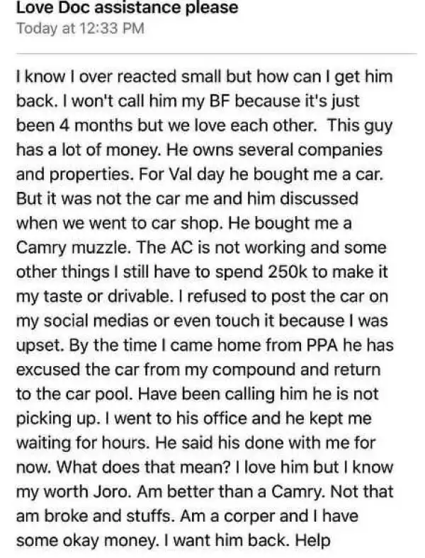 Its Too Small For Me - Female Corper Rejects Camry Muscle as Valentine Gift